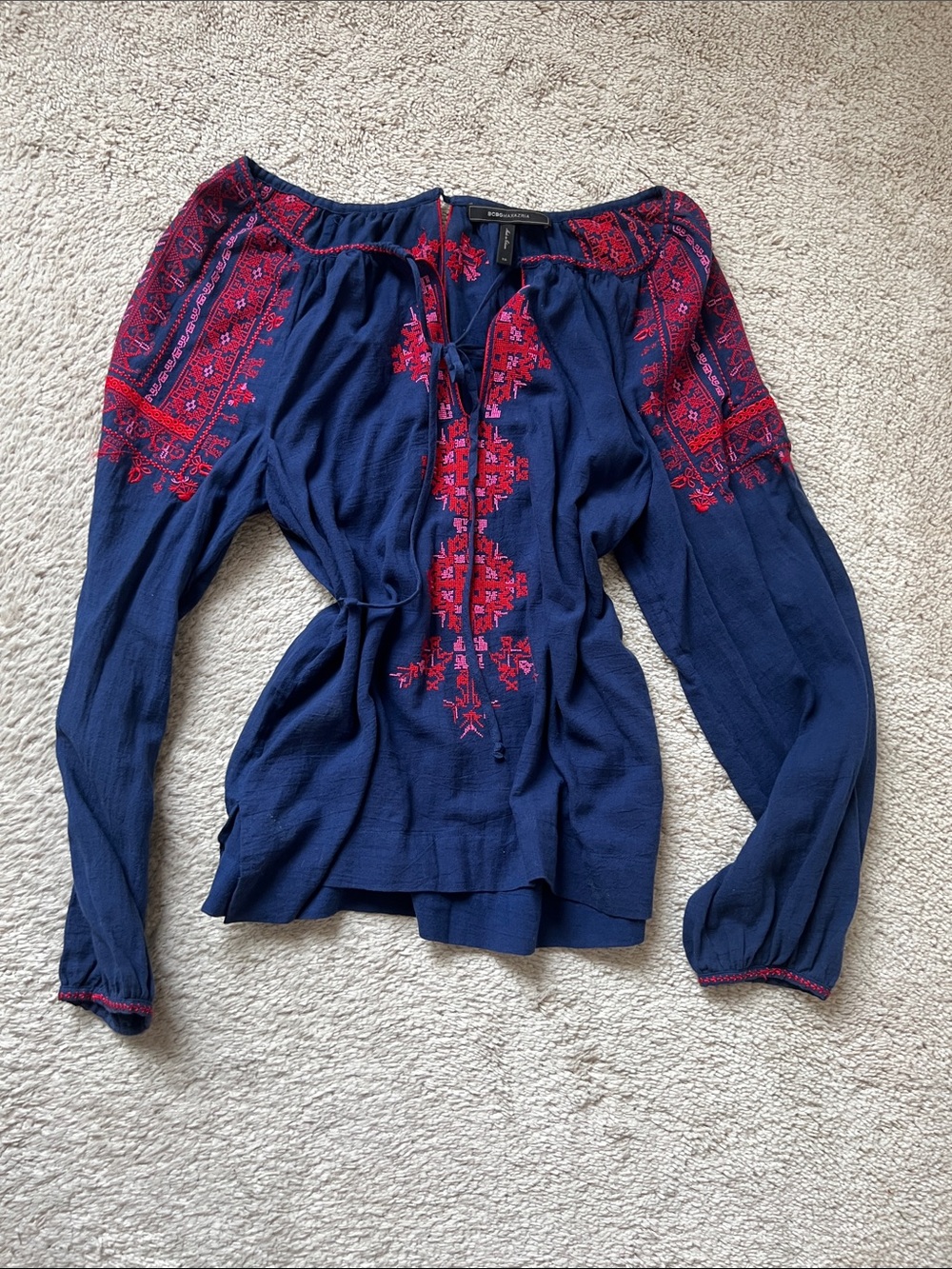 BCBG Women’s Navy Blouse with Red Embroidery
